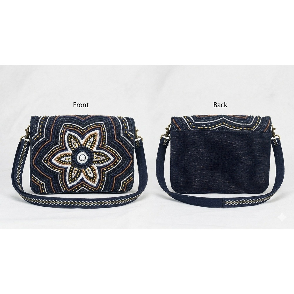 America & Beyond Embellished Messenger Crossbody Navy Blue Adjustable Strap